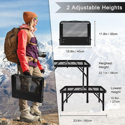 Grill Table Camping Table Portable Folding Table,Height Adjustable Collapsible with Mesh Desktop,Lightweight Metal Table for Camp, BBQ, Picnic, RV, Outdoor Cooking, Travel