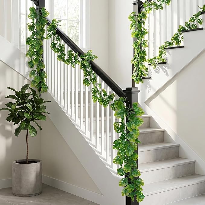 8Pcs Artificial Tropical Leaves Garland, 5.9FT Fake Monstera Leaves Vines Hanging Plant Ivy Faux Palm Leaf Greenery Garland for Garden Porch Patio Jungle Beach Birthday Party Indoor Outdoor