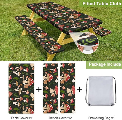 Picnic Table Cover with Bench Covers Camping Essentials Waterproof Windproof Camping Tablecloth with Drawstring Bag, Fitted Rectangle Tables and Seats, 96in, Black Red