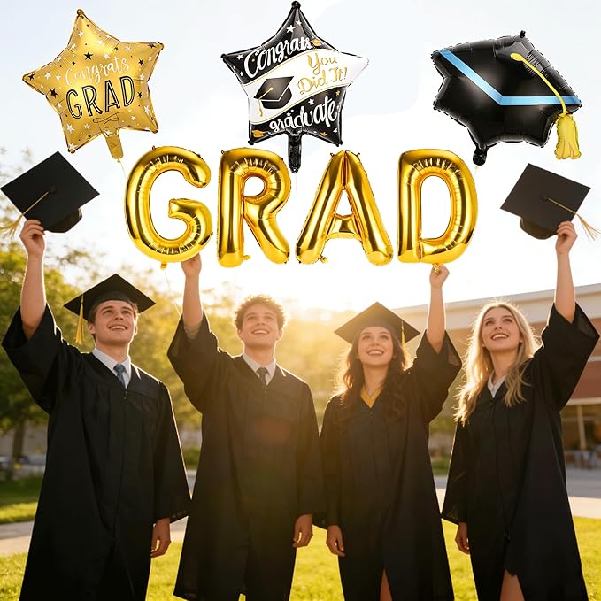 Graduation Balloons - Gold Letter Grad Balloons Graduation Cap Balloon Grad Cap Balloon Graduations Foil Balloons Class for 2026 Graduation Party Decorations