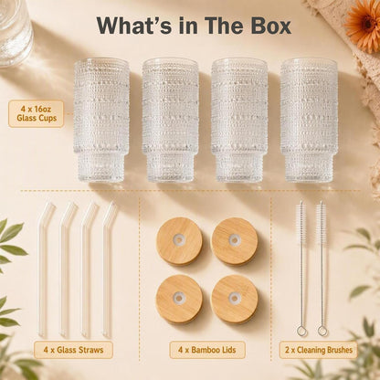 Glass Cups with Lids and Straws 16 oz Hobnail Drinking Glasses | Vintage Iced Coffee Cup with Bamboo Lid, Cute Stackable Glassware for Cocktail Juice Matcha Smoothie Home Kitchen