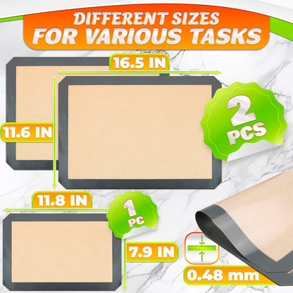 3 Pcs Silicone Baking Mat - Non-Stick Silicone Baking Mats Cookie Sheet with Reinforced Edges, Dishwasher Safe, Heat-Resistant
