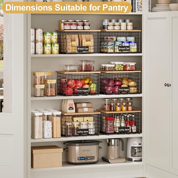 keomaisyto 2 Set XL Stackable Wire Baskets with Bamboo Top- Pantry Organizers and Storage, Kitchen Organization Counter Storage Bins for Potato/Onion/Fruit/Vegetable/Produce, Under Sink Organizing