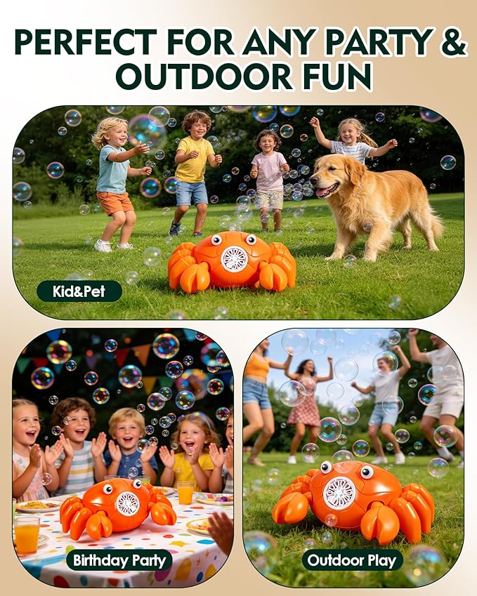Bubble Machine for Kids, 360° Rotating Crab Bubble Blower with Music & LED Lights, USB-C Rechargeable, Auto Obstacle Avoidance, Portable Bubble Maker Toy for Toddlers Indoor Outdoor Birthday Gift