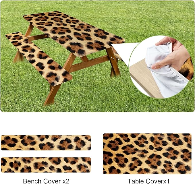 ANNA QUEEN 6FT Leopard Picnic Table Cover with Bench Covers Picnic Table Cover Set 3PCS 72"x30", Waterproof Outdoor Bench and Tablecloth Furniture Protection for Camping Beach BBQ