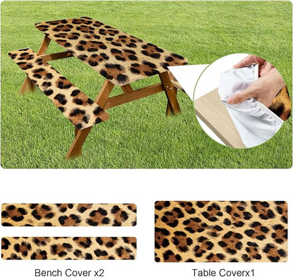 ANNA QUEEN 6FT Leopard Picnic Table Cover with Bench Covers Picnic Table Cover Set 3PCS 72"x30", Waterproof Outdoor Bench and Tablecloth Furniture Protection for Camping Beach BBQ