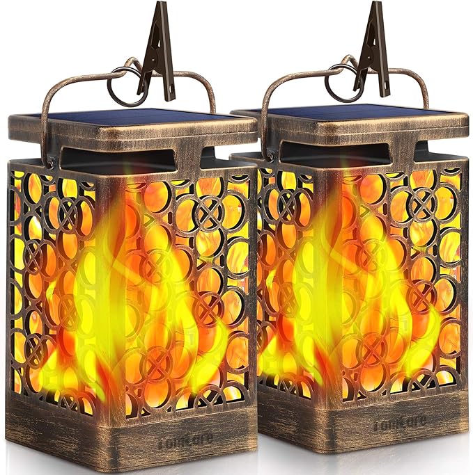 TomCare Solar Lights Upgraded Solar Lantern Flickering Flame Outdoor Hanging Lantern Decorative Lighting Solar Powered Waterproof LED Flame Umbrella Lights for Patio Garden Deck, 2 Pack(Bronze)