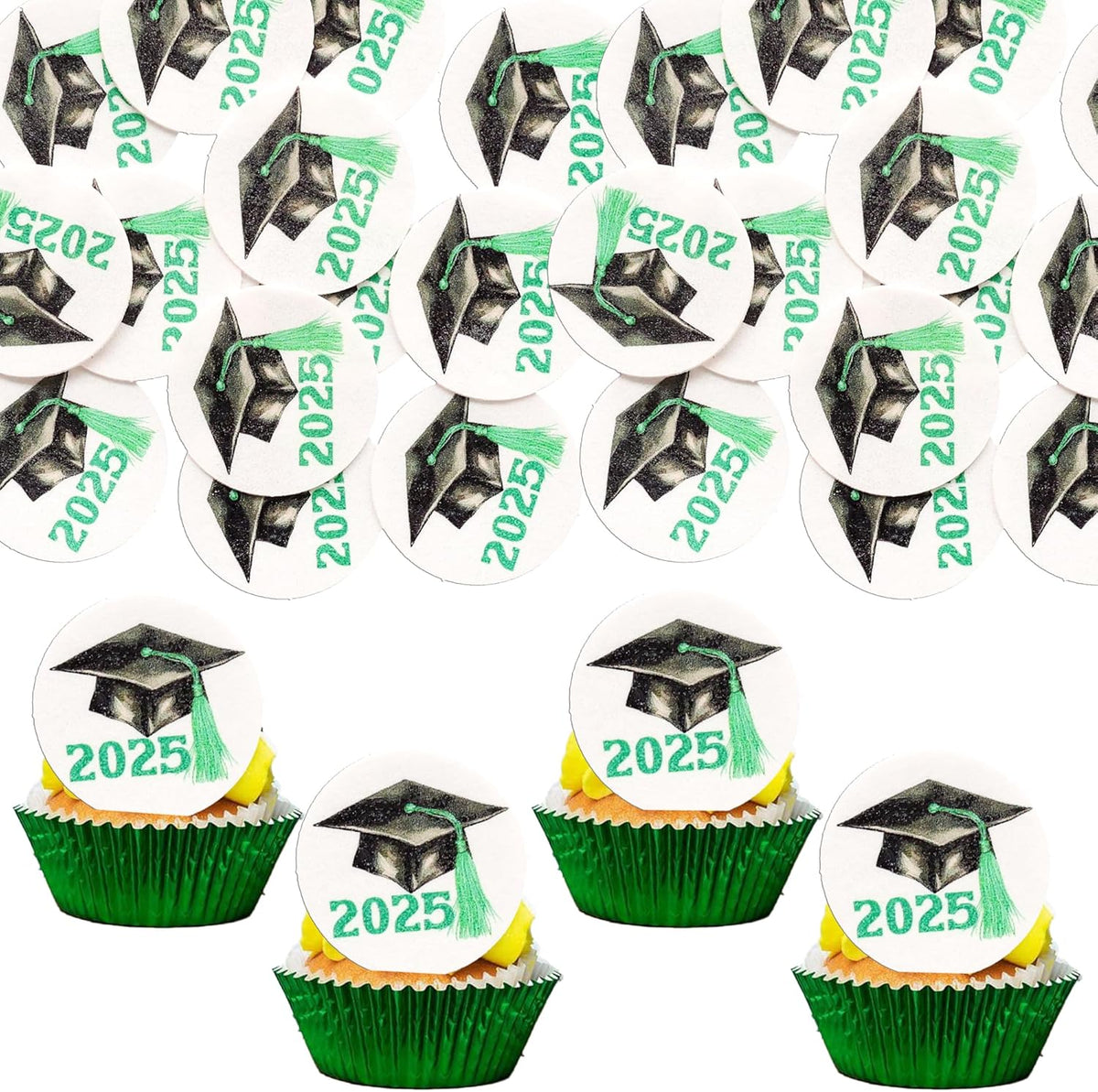 Gyufise 48Pcs Edible 2025 Graduation Theme Cupcake Toppers Wafer Paper Graduation Hat Graduate Cupcake Picks Green