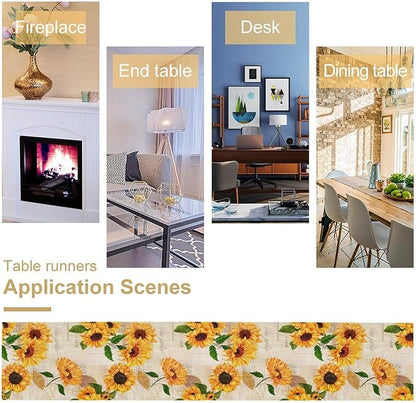 Sunflower Table Runner, Rustic Old Paper Seasonal Table Runner Farmhouse Kitchen Home Party Dining Room 13x108in