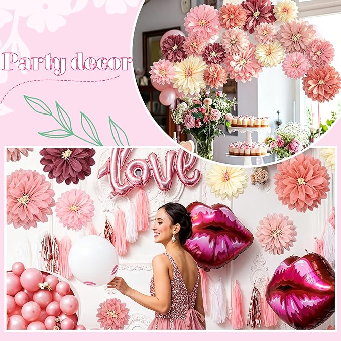 Geyee 18 Pcs Mexican Paper Flowers Colorful Fiesta Tissue Paper Flowers Pom Poms Mexican Carnival for Floral Party Backdrop Wedding Birthday Party Craft (Vintage Color,10" 12" 14")