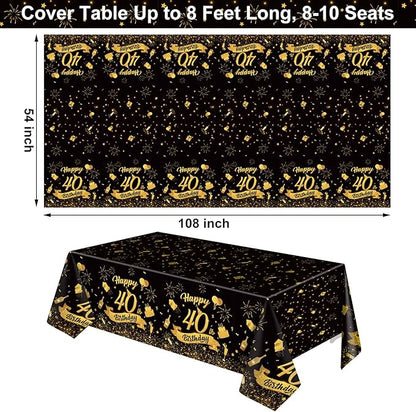 NatNarr 3 Pack 40th Birthday Plastic Tablecloth, 54x108 Inch Black Gold Disposable Rectangle Table Cover Waterproof Table Cloth for Birthday 40 Anniversary Party Supplies