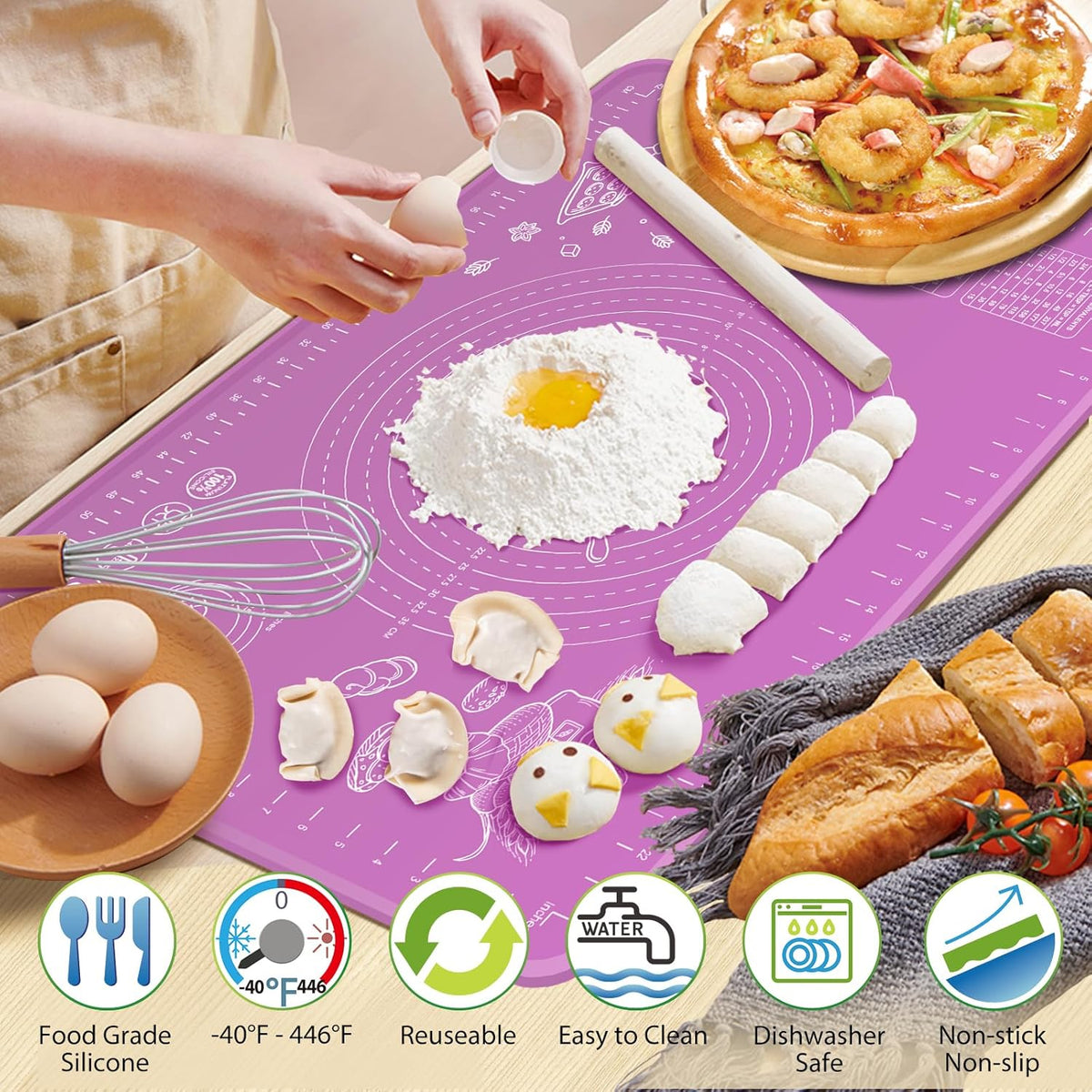 Silicone Baking Mat 28" x 20" Extra Thickness Dough Rolling Mat with Measurements and Edge Heightening