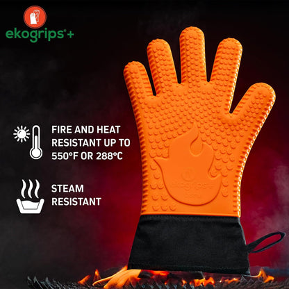 Ekogrips Plus Oven Gloves with Fingers, Comfy Waterproof Silicone Oven Mitts Heat Resistant with Long Cuff, Insulated BBQ Gloves Perfect for Grilling