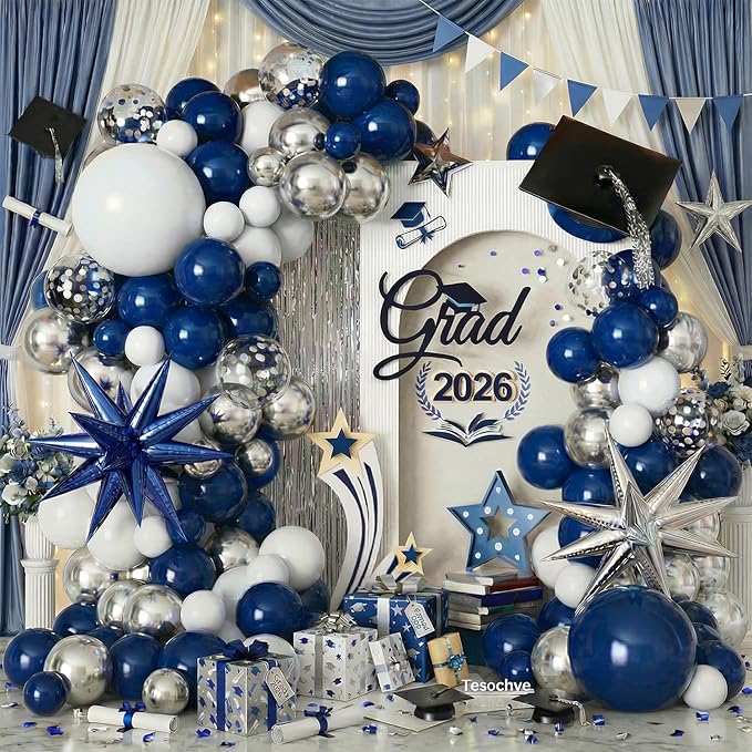 Tesochye 152 pcs Blue White Silver Balloon Garland Arch Kit,Navy Blue Silver Confetti Balloons with Exploding Star Balloons for Graduation Class of 2026 Birthday Wedding Retirement Party Decorations