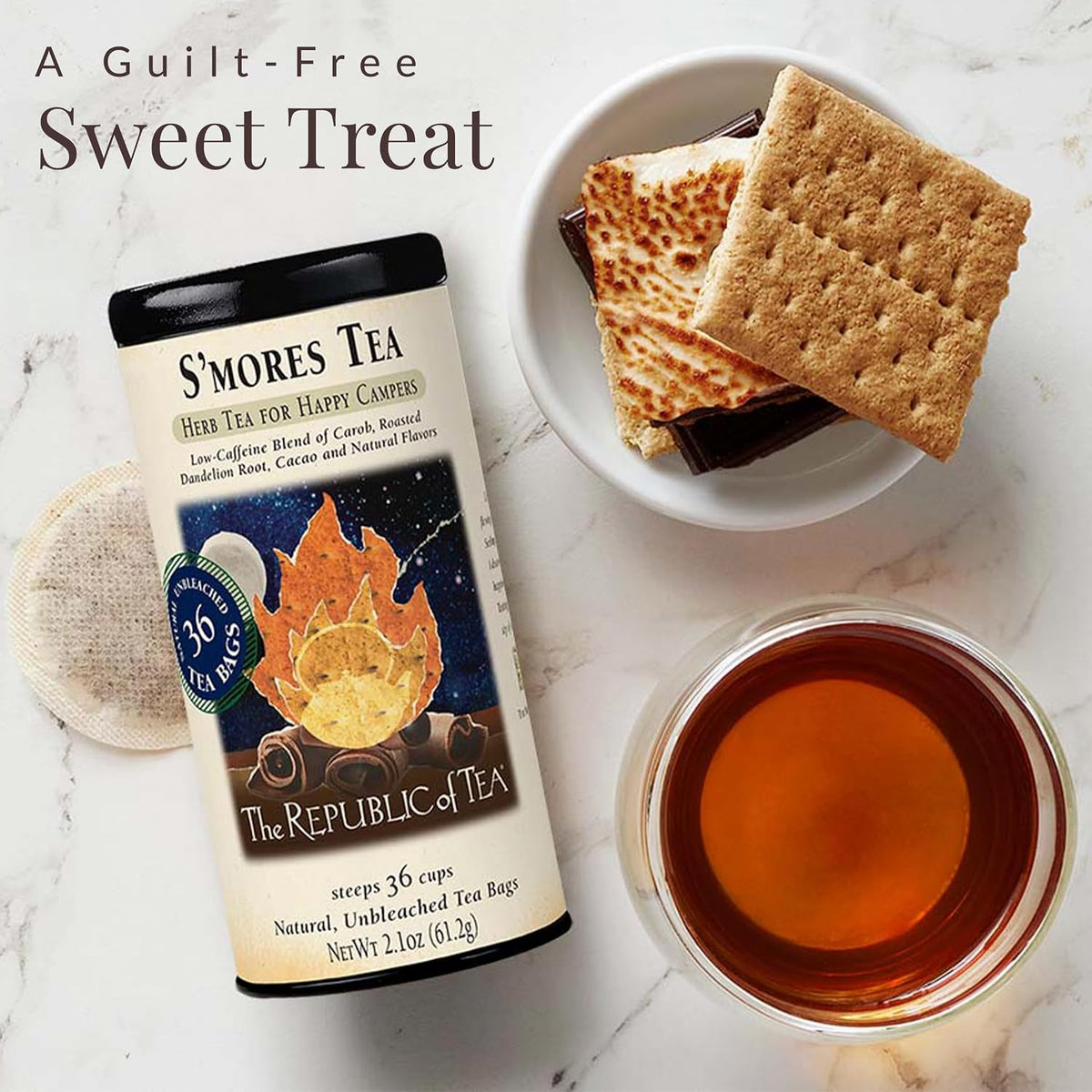 The Republic of Tea S'mores Herbal Tea, Caffeine Free, 36 Count | Suitable for day or evening . Smooth and rounded with notes of cocoa richness and roasted root. Gluten Free and Kosher.