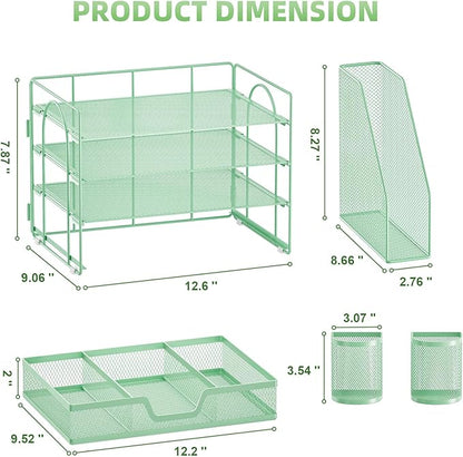 Marbrasse Desk Organizer and Accessories，4-Tier Paper Letter Tray Organizer with File Holder, Desk Accessories & Workspace Organizers with Drawer and 2 Pen Holder (Green, 15.4" x 9.1" x 8.3")