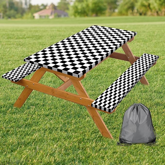 Picnic Table Cover with Bench Covers and Bag, Black and White Checkered Buffalo Plaid Camping Tablecloth Waterproof Windproof Elastic Edges Fitted Gingham Tablecloth for Outdoor Garden 3PCS 30x72 Inch