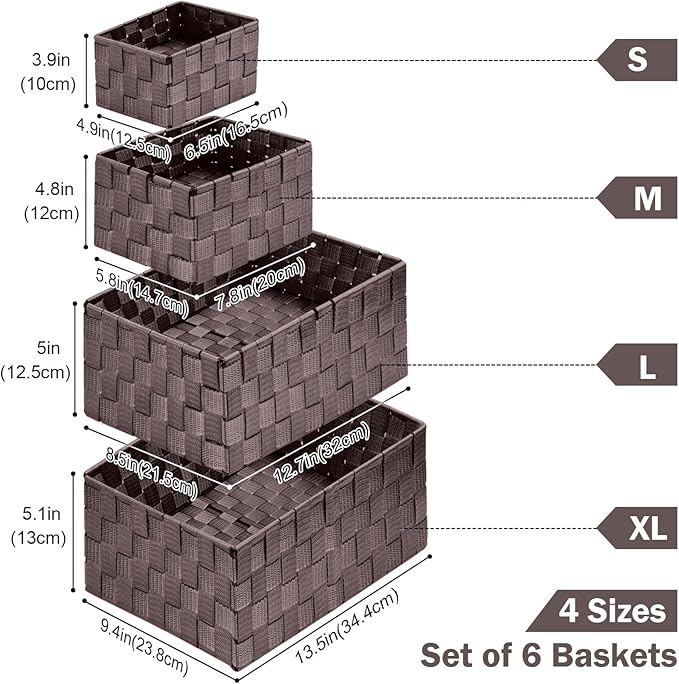 Uvellgift Woven Storage Baskets, Storage Bins, Cube Basket Container Baskets Storage Boxes Organizers for Clothes /Shelves/ Closet, Set of 6 (Brown)