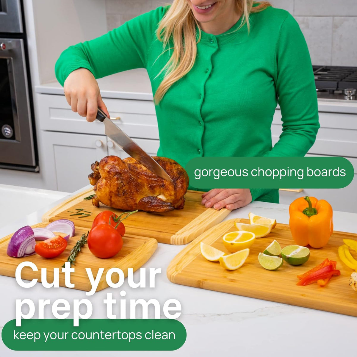 FSC® Certified Extra Large Bamboo Cutting Board Set, Organic Wood Cutting Boards for Kitchen with 67% Larger Surface