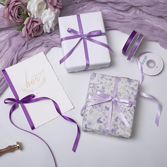 QIANF Purple Double Face Satin Ribbon 3/8 Inch x 45 Yards Lavender Fabric Ribbon for Gift Wrapping, Flower Bouquets, Hair Bows Making, Wedding Decoration, Invitation Cards, Christmas (3 Rolls *15Yd)