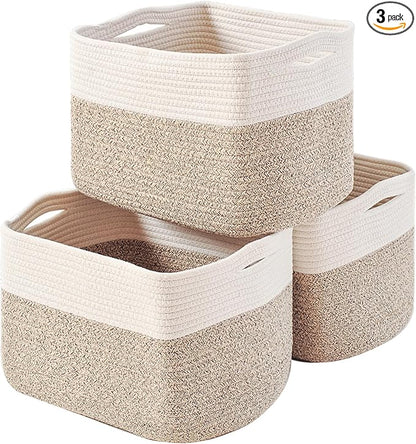 ICERZCZ Storage Baskets for Organizing, Woven Cotton Rope Basket for Storage Books, Baby Organizing Baskets, Toy Storage Basket, 15"x11"x9.5", 3 Packs, Off White & Brown
