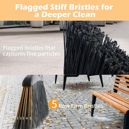 Outdoor Broom and Dustpan Set with Long Handle, Commercial Upright Standing Dust Pan with Windbreak Cover and Brooms Combo for Sweeping Lobby Courtyard Garage Deck Patio Indoor