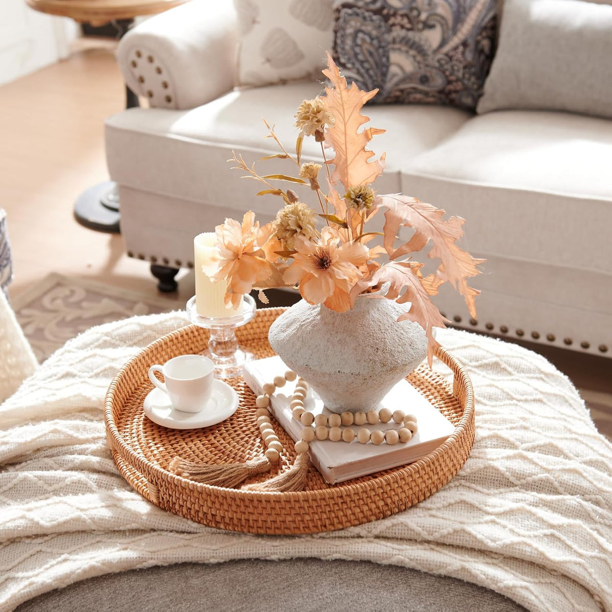 Rattan Large Serving Tray, Wicker Round Fruit/Bread Serving Basket, Extra Large Decorative Ottoman Tray for Living Room, Coffee Table, Breakfast, 16.9 inch