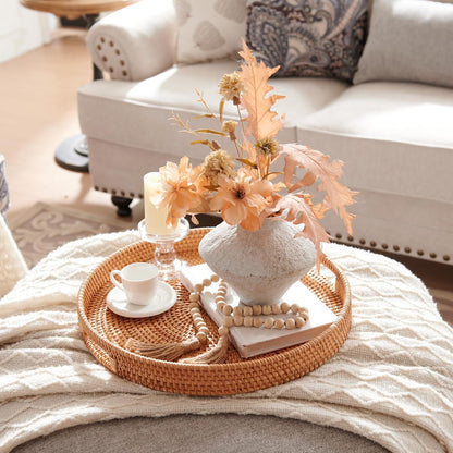 Rattan Large Serving Tray, Wicker Round Fruit/Bread Serving Basket, Extra Large Decorative Ottoman Tray for Living Room, Coffee Table, Breakfast, 16.9 inch