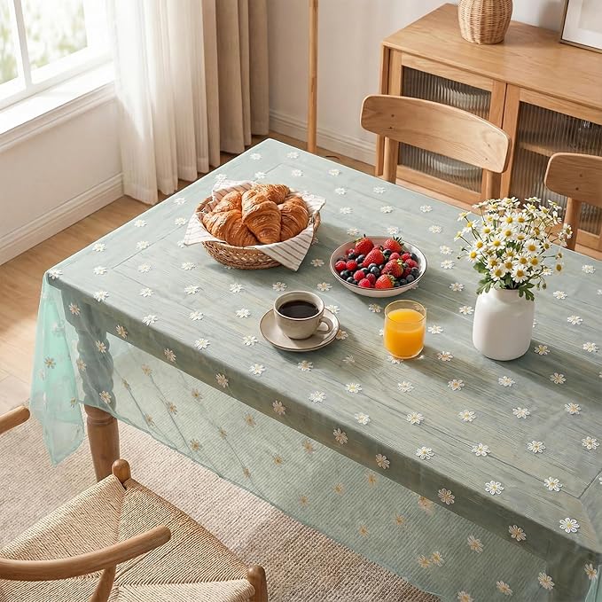 Horaldaily Green Embroidery Daisy Spring Summer Gauze Tablecloth 60×104 Inch Rectangular, Seasonal Tulle Table Cover, Garden Party Decorations for Wedding, Party, Holiday Dining