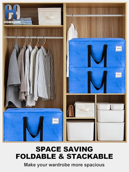 HOMESURE 4 Pack Large Strong Moving Bags with Zippers & Carrying Handles - Water-Resistant - Heavy Duty Storage Tote for Space Saving, Fold Flat, Alternative to Moving Box (Sky Blue)