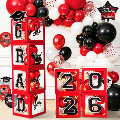 Graduation Decorations Class of 2026, Red and Black Graduation Decorations, Balloons Boxes (4PCS) with Letters 2026 GRAD So Proud of You, Congrats Grad Decorations for High School & College