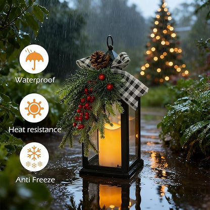 Christmas Decorative Lantern with LED Candle – Black Lantern with Pinecones, Black Bow – Battery Operated Christmas Table Centerpiece for Indoor Decor(1pack)