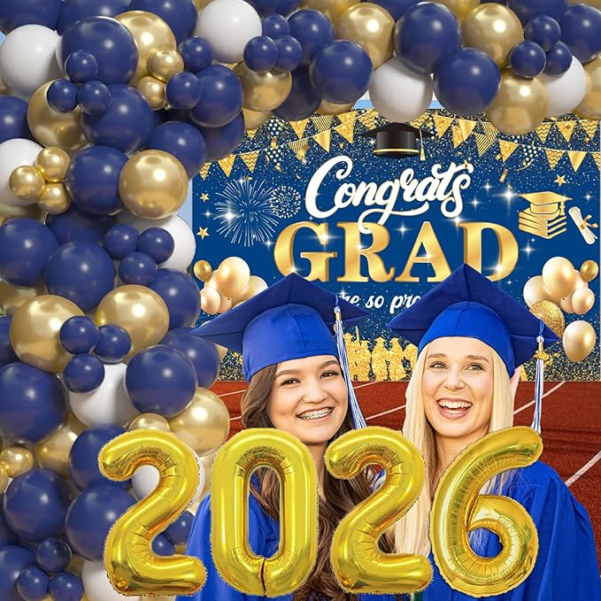 Blue And Gold 2026 Graduation Party Decorations - Graduation Balloon Arch Kit With Blue Gold Graduation Balloons, Congrats Grad Backdrop, 2026 Foil Balloons For High School Graduation Decorations