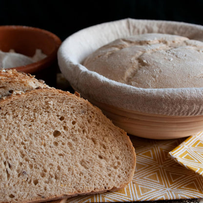 Premium Bread Proofing Set with Acacia Wood - Sourdough Bread Baking Supplies, 2 Rattan Banneton Baskets, 2 Basket Covers, Brush, Metal Scrapper, Plastic Scrapper, Scoring Lame, 5 Blades & Case