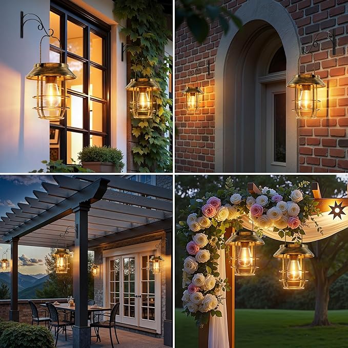 Ahaorigin Solar Lanterns Outdoor Waterproof, High Brightness Hanging Solar Lights for Outside with Wall Hooks, Retro Metal Outdoor Lanterns Auto On/Off for Porch, Patio, Yard Decor 2 Pack