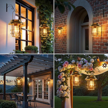 Ahaorigin Solar Lanterns Outdoor Waterproof, High Brightness Hanging Solar Lights for Outside with Wall Hooks, Retro Metal Outdoor Lanterns Auto On/Off for Porch, Patio, Yard Decor 2 Pack