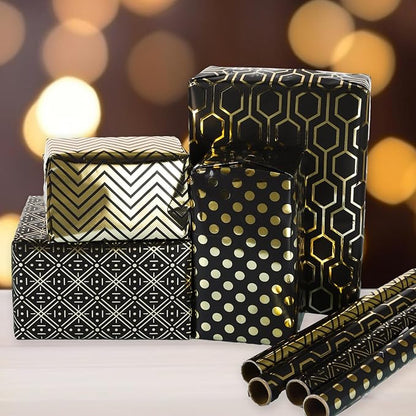 Birthday Wrapping Paper Metallic Black and Gold Geometric Wrapping Paper Gift Wrap for Father's Day Men Husband Boyfriend Mini Roll, 4 Rolls Geometry Pattern - 17 inch x 120 inch(10feet) Per Roll