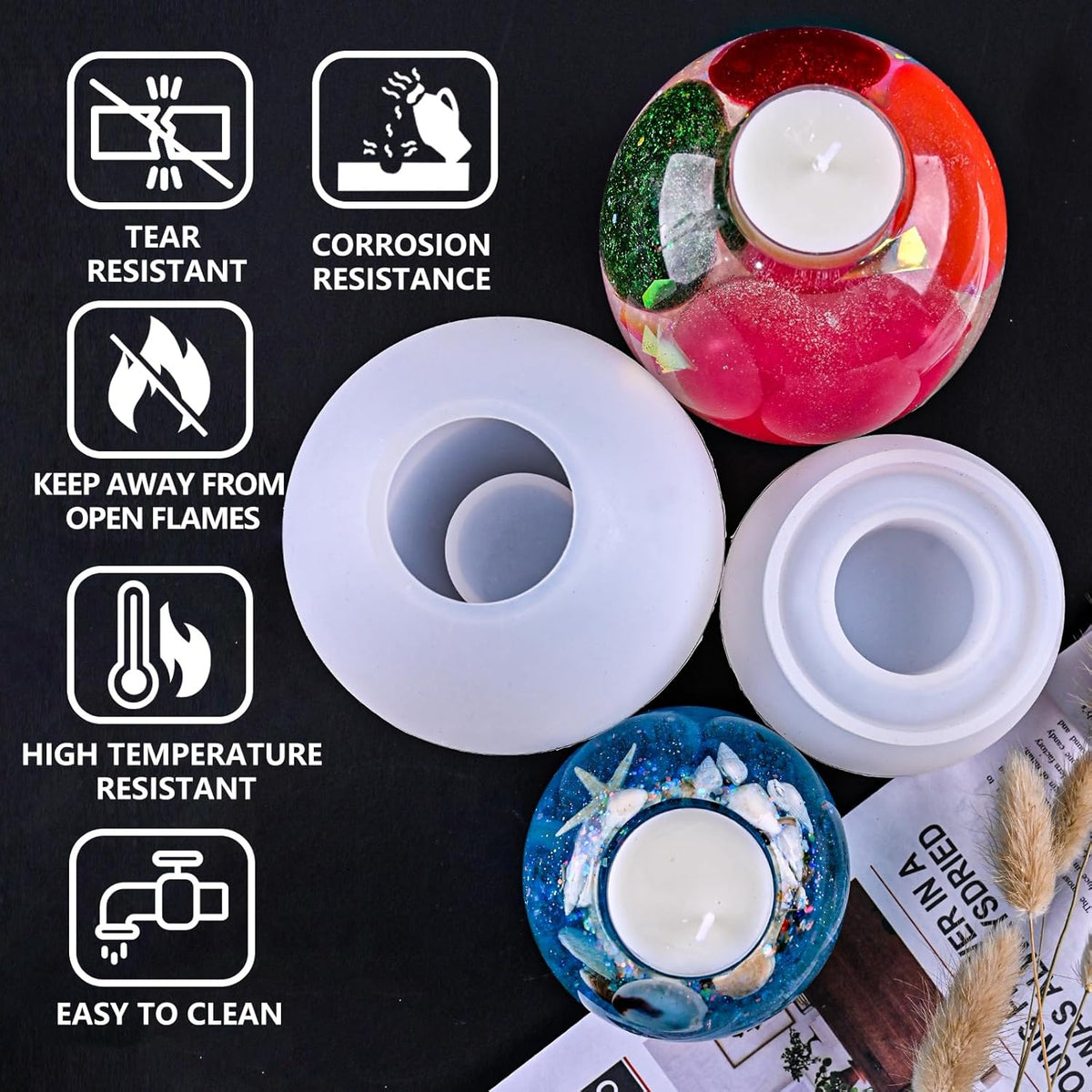 2 Pcs Tealight Candle Holder Resin Molds, Set of Large + Small Sphere Candlestick Silicone Molds for DIY Round Crystals Ball Candle Vessels Craft