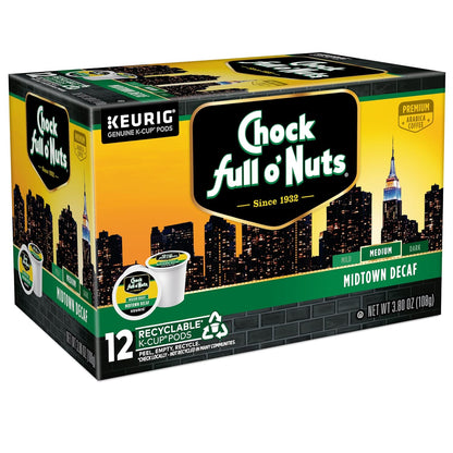 Chock full o’Nuts Midtown Decaf Keurig K-Cup Pods for Keurig Brewers – Premium Arabica, Medium Roast – Single Serve – 6 Packs of 12 K-Cup Pods