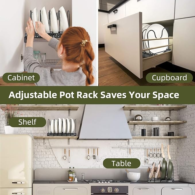 ROOHUA Pot Rack -Expandable Pan Organizer for Cabinet, Lid Holder with 10 Adjustable Compartment for Kitchen Cabinet Cookware Baking Frying Rack