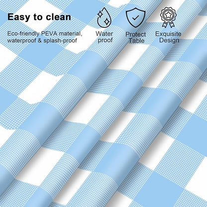 12 Pcs Light Blue Checkered Tablecloth 54 ×108 Inches Rectangle Blue Gingham Tablecloth Disposable Plastic Waterproof Table Cover for Outdoor Picnic, Kitchen, Holiday Birthday Party