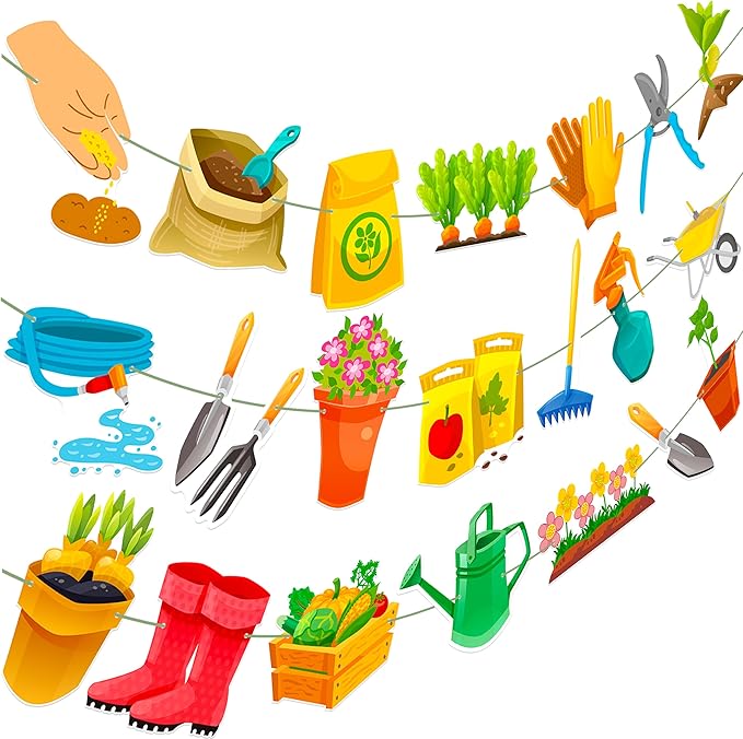 3Pcs Gardening Tool Banners Garden Birthday Party Decorations Garden Tool Theme Banner Garlands Hanging Decorations for Spring Theme Birthday Party Baby Shower Supplies