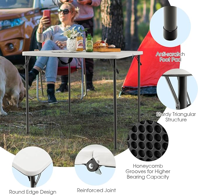 Goplus 34" Square Folding Card Table, Portable Plastic Utility Folding Tables with Collapsible Legs & Carrying Handle, Indoor Outdoor for Picnic, Party, Dining, Camping, BBQ, White