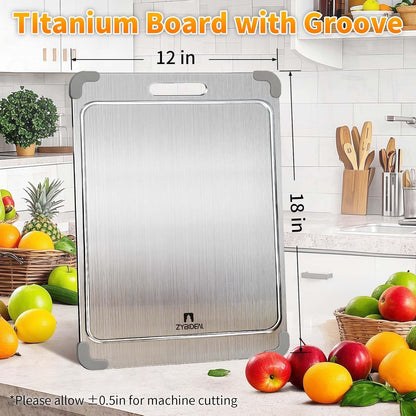 100% Pure Titanium Cutting Board with Grooves, Update Double Side Titanium Chopping Board, Silicone Anti-slip Stainless Cutting Boards for Kitchen 12 * 18 IN, Grey