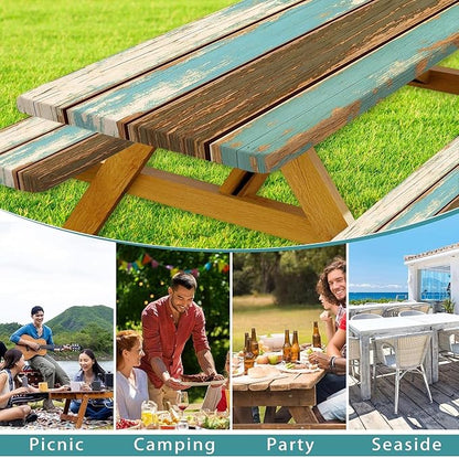 Picnic Table Cover with Bench Covers, Camping Essentials, Farmhouse Wood Green Waterproof Windproof Table Cover, Fitted Tablecloth Cover with Elastic Edge, for Indoor & Outdoor, 3 PCS, 30x96 Inch