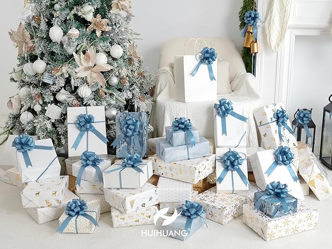 HUIHUANG Dusty Blue Pull Bows 4"x8" Blue Satin Gift Bow for Gift Wrapping, Presents, Gift Basket, Paper Bag, Baby Shower Favors, Wrapping Accessories, Wedding Bridal Shower Decor, 12 PCS