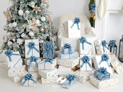 HUIHUANG Dusty Blue Pull Bows 4"x8" Blue Satin Gift Bow for Gift Wrapping, Presents, Gift Basket, Paper Bag, Baby Shower Favors, Wrapping Accessories, Wedding Bridal Shower Decor, 12 PCS