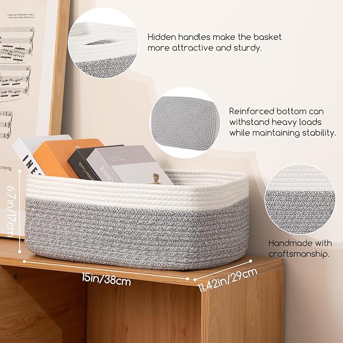 OIASKET Storage Baskets for Organizing 3 Pack, Woven Baskets for Shelves, Closet Organizer Bins Empty Gift Basket Toy Storage for Toys, Books, Towels, Clothes, 15"x11.42"x6.7", Grey