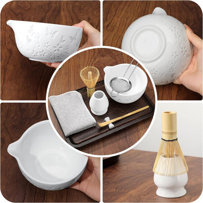 7 PCS Matcha Set Ceramic Matcha Making Kit, Bamboo Whisk, Bowl With Spout, Powder Starter Sifter, Ceramic Whisk Holder, Tea Towel, Scoop and Scoop Rest Matcha Whisk Set for Matcha Lover White
