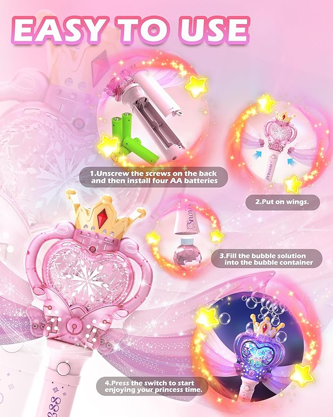 Princess Bubble Wand for Girls, Light Up Bubble Maker with Music & LED Lights, Automatic Bubble Blower Toy with Wings, Leak-Proof Bubble Machine for Kids Outdoor Birthday Party Gifts